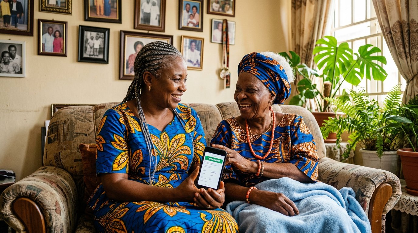 A daughter sits beside her elderly mother on the sofa, both smiling, surrounded by family photos at home.