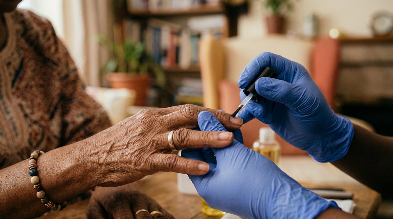 A professional carefully tends to an older woman's nails at her kitchen table.