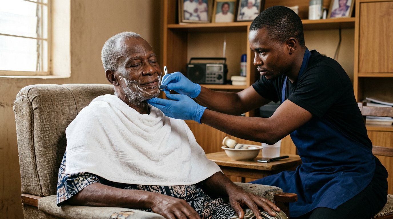 A professional gives an older man a warm-towel shave in his armchair at home.